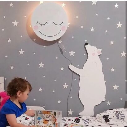 Decoração de parede de urso polar, lua fofa para decoração de berçário de bebê, arte de parede para berçário, decoração de quarto infantil