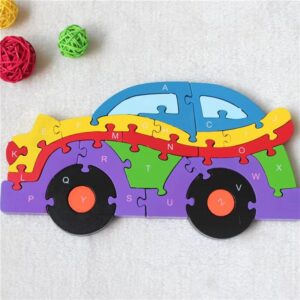 Vetor Quebra-cabeça de alfabeto em forma de carro cortado a laser, brinquedo educativo de madeira